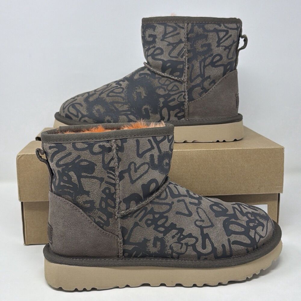 UGG Classic Street Graffiti Mini Boots Women 6 Slate 1105432 Orange Lined